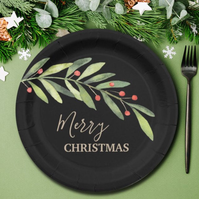 Branch Berries on Black Christmas Paper Plates (Creator Uploaded)