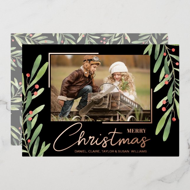 Branch Berries on Black Christmas Photo Rose Gold Foil Holiday Card (Front/Back)