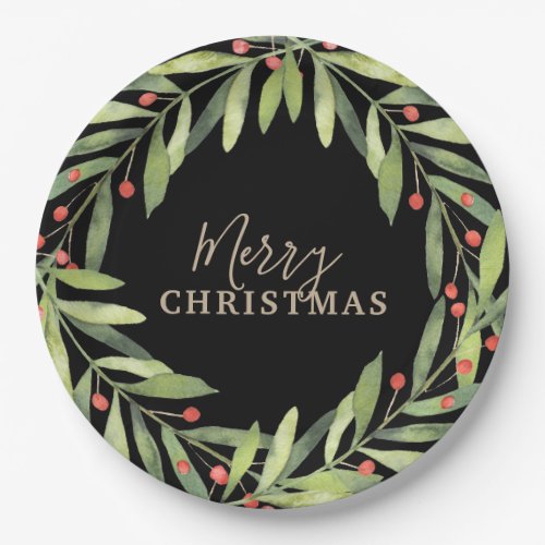 Branch Berries on Black Merry Christmas Paper Plates