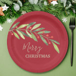 Branch Berries on Red Christmas Paper Plate<br><div class="desc">Paper plates in 2 sizes feature elegant greenery and berries with your message in chic lettering in any color (we show gold) and on any color background (we show red.) MATCHING items in our store.</div>