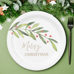 Branch Berries on White Christmas Paper Plates<br><div class="desc">Paper plates in 2 sizes feature elegant greenery and berries with your message in chic lettering in any color (we show gold) and on any color background (we show white.) MATCHING items in our store.</div>