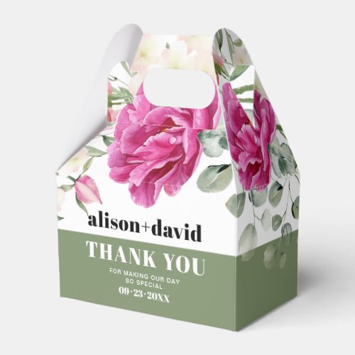 Branch greenery  pink roses typography wedding favor boxes