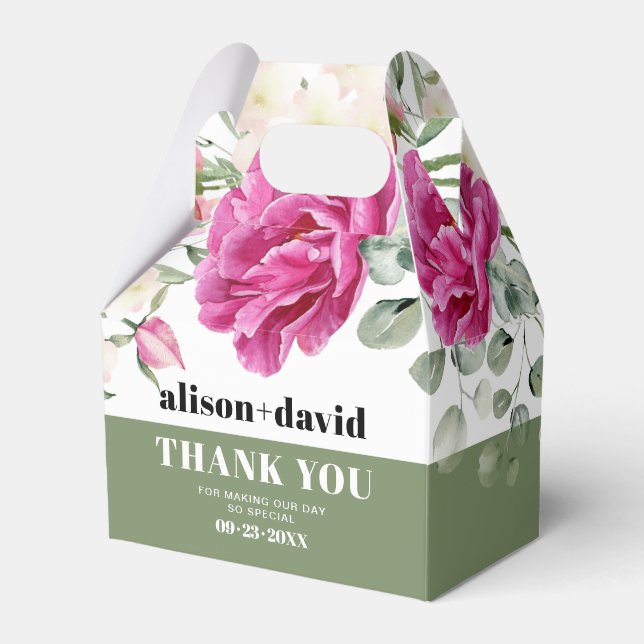 Branch, greenery  pink roses typography wedding favor boxes (Front Side)