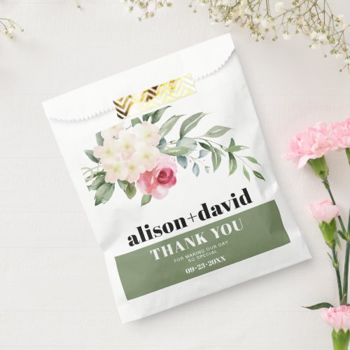 Branch greenery white flowers pink rose wedding favor bag