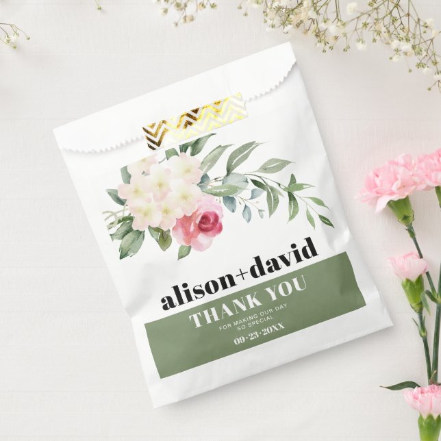 Branch, greenery white flowers pink rose wedding favor bag (Sealed)
