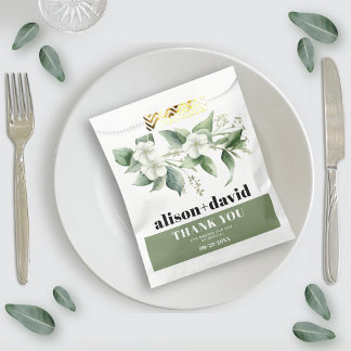 Branch, greenery white flowers typography wedding favor bag