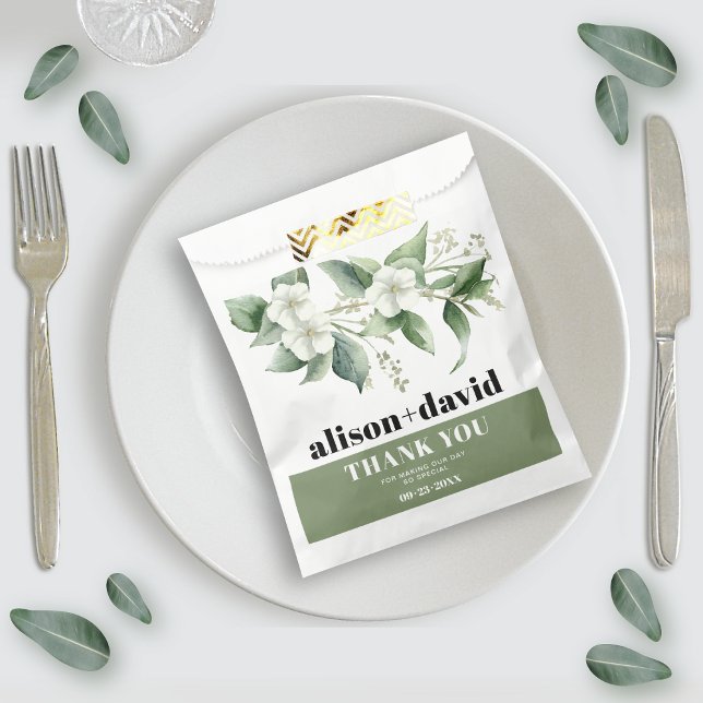 Branch, greenery white flowers typography wedding favor bag (Creator Uploaded)