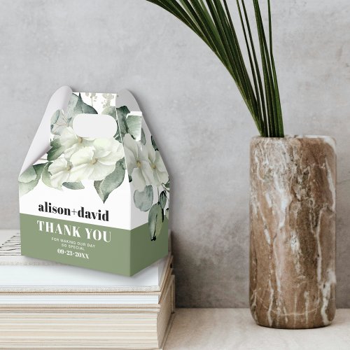Branch greenery white flowers typography wedding favor boxes