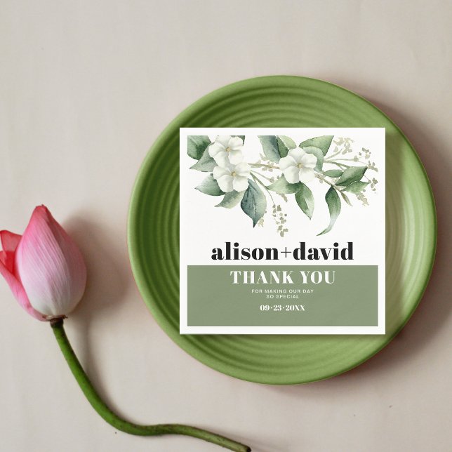 Branch, greenery white flowers typography wedding napkins (Creator Uploaded)