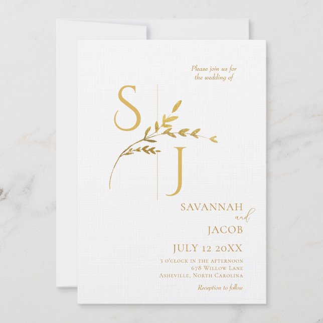 Branch Minimalist White and Gold Modern Wedding  Invitation (Front)