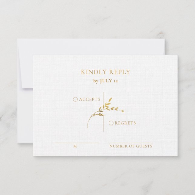 Branch Minimalist White and Gold Wedding RSVP Card (Front)