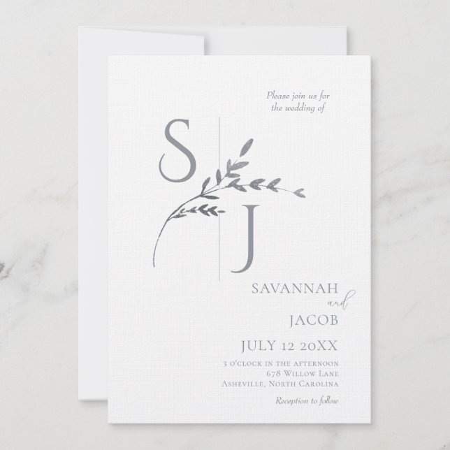 Branch Minimalist White and Silver Modern Wedding  Invitation (Front)