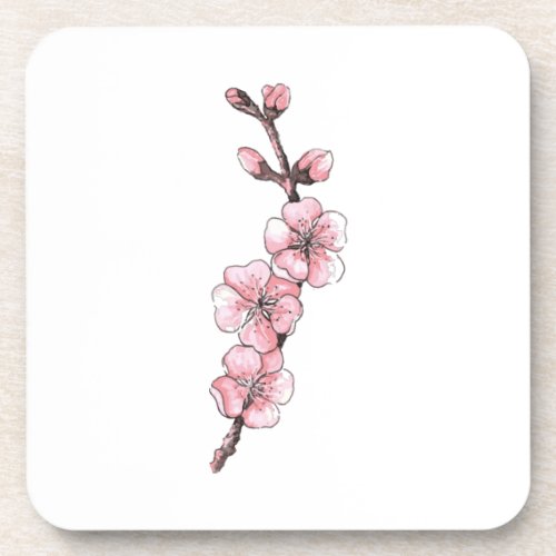  Branch of blossoming apricots Watercolor sketch Beverage Coaster