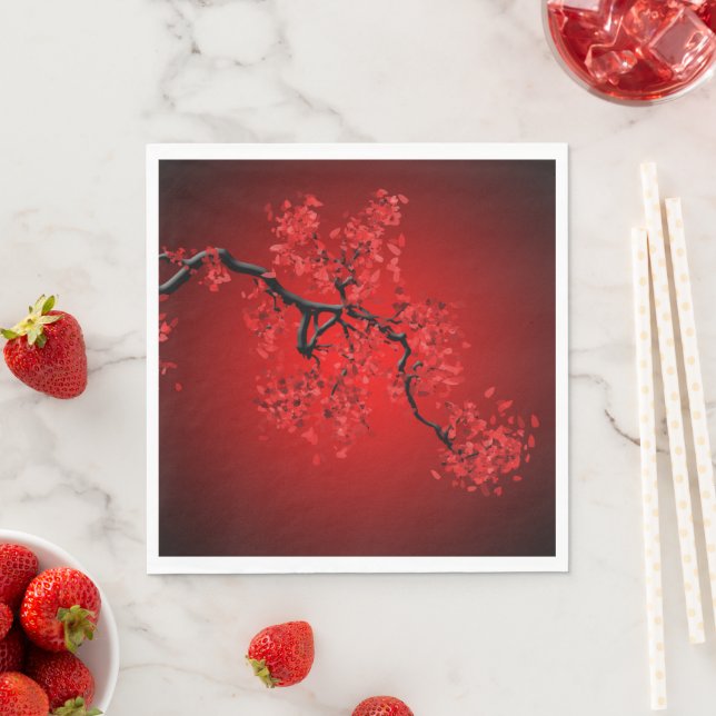 Branch of Cherry Blossoms on Red Background Paper Napkins (Insitu)