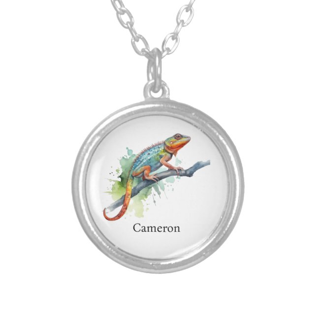 Branch of Colors: Chameleon Art, custom Silver Plated Necklace (Front)