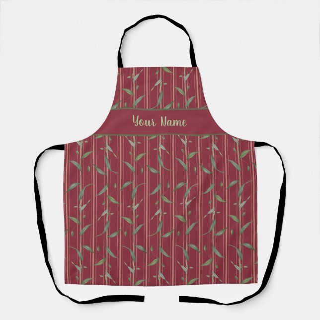 Branch of leaves on red wallpaper apron (Front)