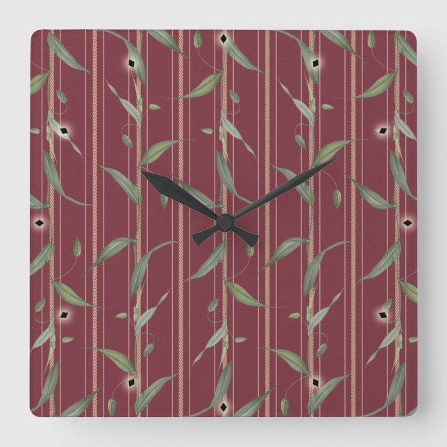 Branch of leaves on red wallpaper square wall clock (Front)