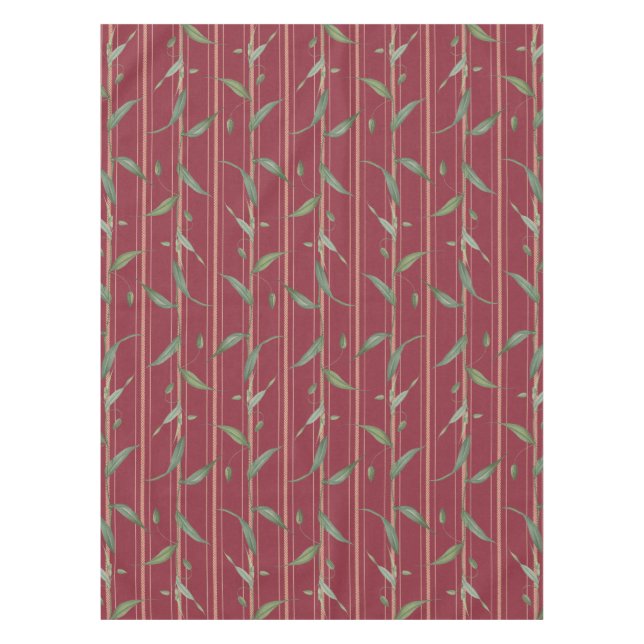 Branch of leaves on red wallpaper tablecloth (Front)