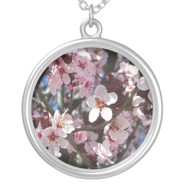 Branch of Pink Blossoms Spring Floral Silver Plated Necklace (Front)