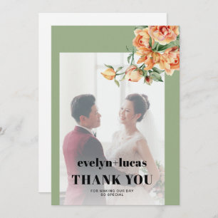Branch, peach roses, white flowers photo wedding thank you card