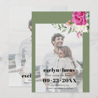 Branch pink rose and white flowers photo wedding save the date