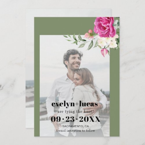 Branch pink rose and white flowers photo wedding save the date