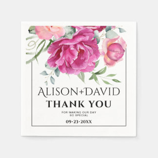 Branch, pink rose flowers and typography wedding napkins
