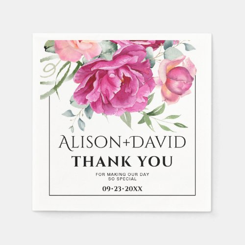 Branch pink rose flowers and typography wedding napkins