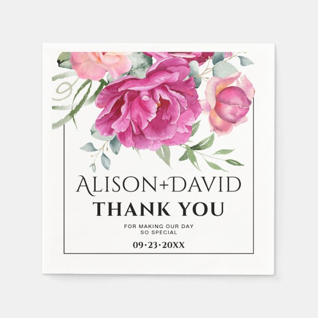 Branch, pink rose flowers and typography wedding napkins (Front)