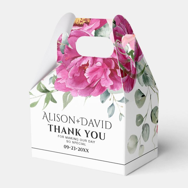 Branch, pink rose flowers black typography wedding favor boxes (Front Side)