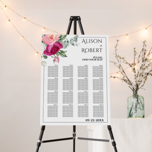 Branch pink roses and border wedding seating chart foam board