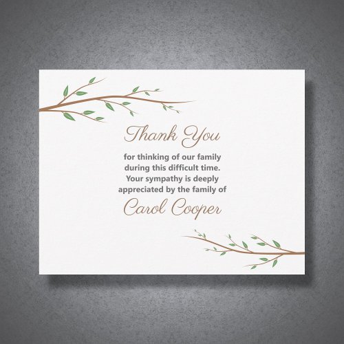 Branch Tree Sober Funeral Thank You Note Card