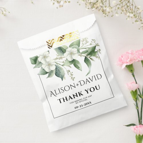 Branch white flowers and green leaves wedding favor bag