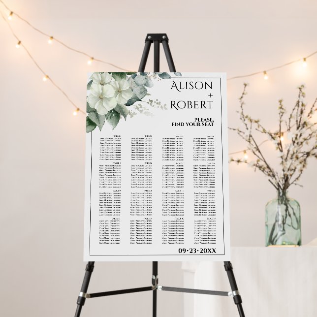 Branch, white flowers border wedding seating chart foam board (In Situ (Stand))