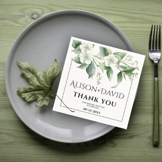 Branch, white flowers greenery typography wedding napkins