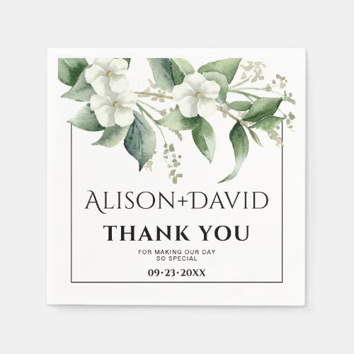 Branch white flowers greenery typography wedding napkins