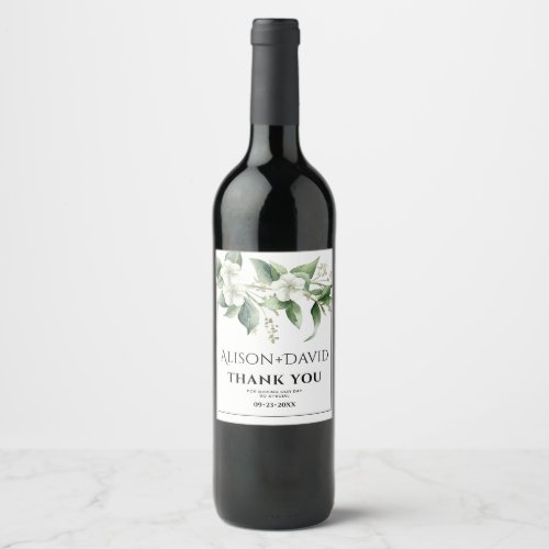 Branch white flowers greenery typography wedding wine label