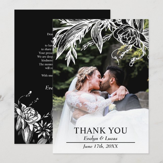 Branch with black and white flowers wedding photo  thank you card (Front/Back)