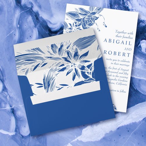 Branch with blue and white flowers wedding envelope