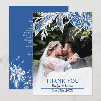 Branch with blue and white flowers wedding photo  thank you card