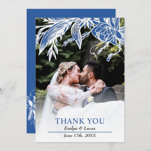 Branch with blue and white flowers wedding photo  thank you card