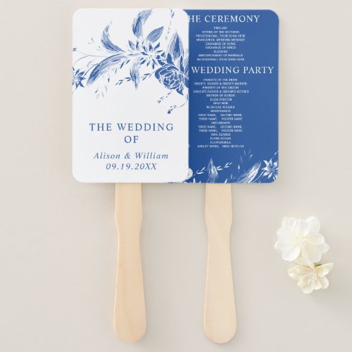 Branch with blue and white flowers wedding program hand fan