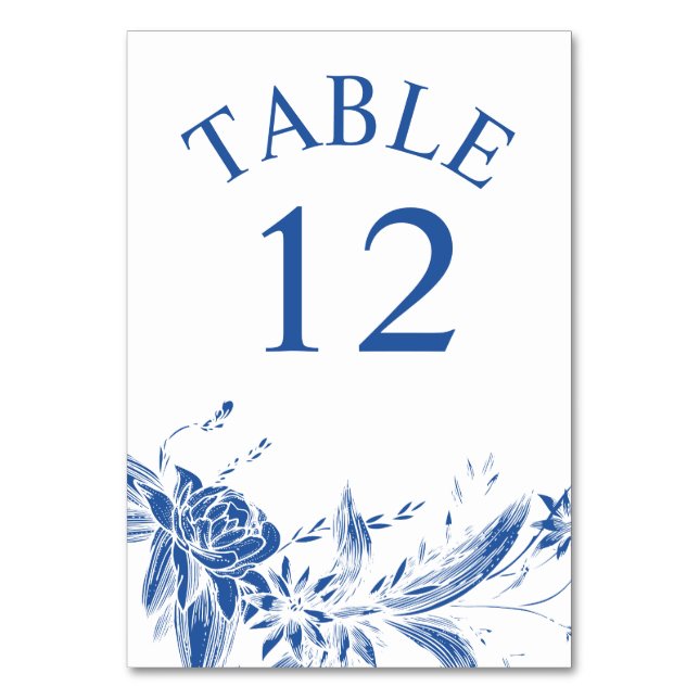 Branch with blue and white flowers wedding table number (Front)