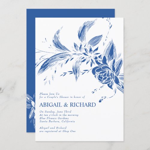 Branch with blue flowers wedding couples shower invitation