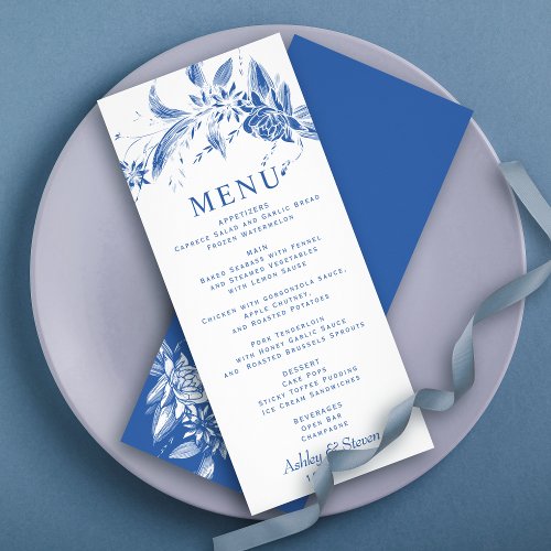 Branch with elegant blue flowers wedding menu card