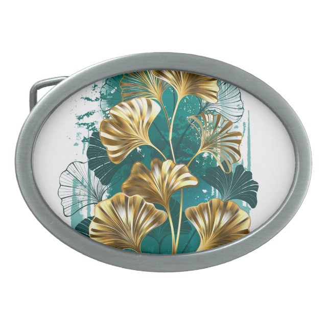 Branch with Golden Leaves Ginko Biloba Belt Buckle (Front)