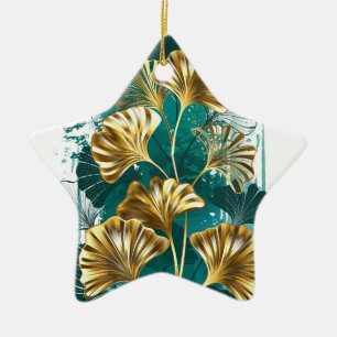 Branch with Golden Leaves Ginko Biloba Ceramic Ornament