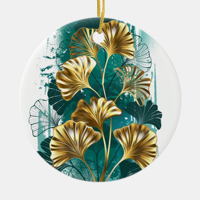 Branch with Golden Leaves Ginko Biloba Ceramic Ornament (Front)