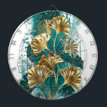 Branch with Golden Leaves Ginko Biloba Dart Board<br><div class="desc">Branch with jewelry,  gold and green leaves of Ginko biloba on light,  painted green background. Ginko biloba</div>