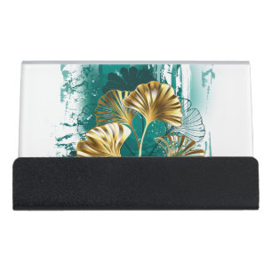 Branch with Golden Leaves Ginko Biloba Desk Business Card Holder